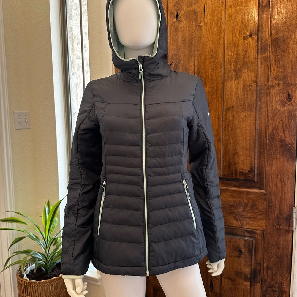 Roxy Women's Dark Gray Hooded Puffer Jacket with Seafoam Trim Size Medium